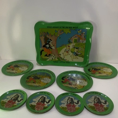 Ohio Art Vintage Three Little Pigs Big Bad Wolf Tin Tea Set Tray Plates