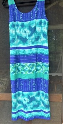 VTG John Roberts Sleeveless Tropical Maxi Dress Turquoise/Purple Size Medium