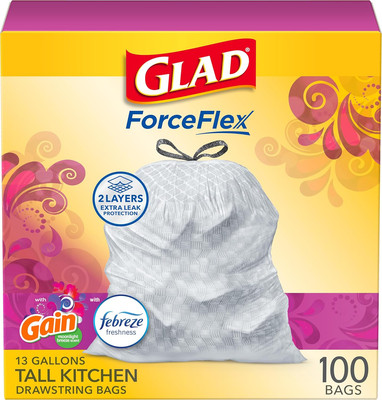 Glad Forceflex Tall Kitchen Trash Bags, 13 Gallon, Gain Moonlight Breeze, 100 Ct