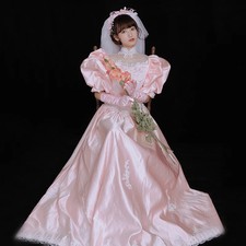 Vintage Pink Satin Wedding Dresses High Neck Puffy Sleeves A Line Bridal Gowns