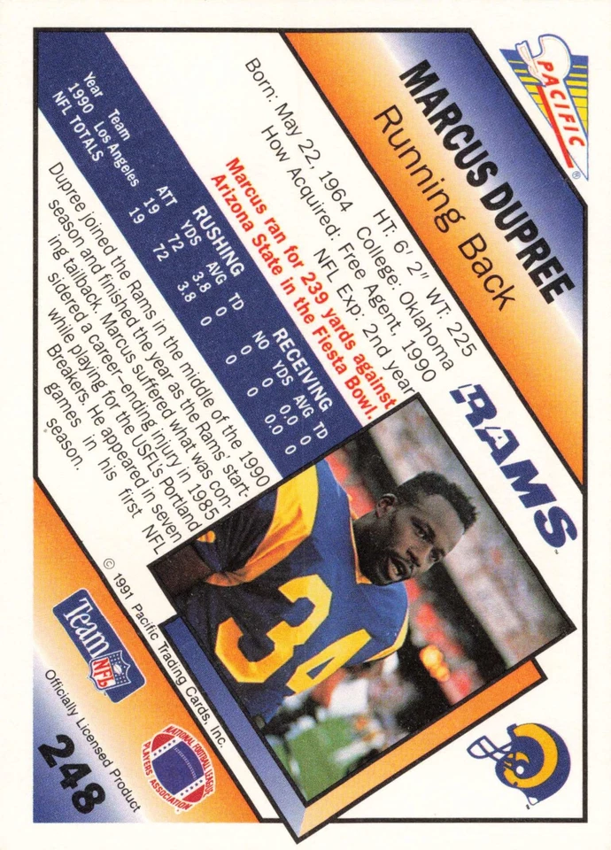 Marcus Dupree 1991 Pacific #248 Los Angeles Rams Football - Image 2 of 2