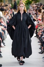 VALENTINO RUNWAY PLEATED COTTON BLEND FAILLE BLACK PUFF SLEEVE CAPE DRESS IT 36