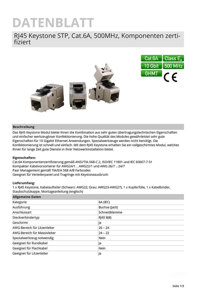 RJ45 Keystone Modul Cat.6a 500 Mhz 10Gbit vollgeschirmt werkzeuglos Premium - Bild 4 von 4