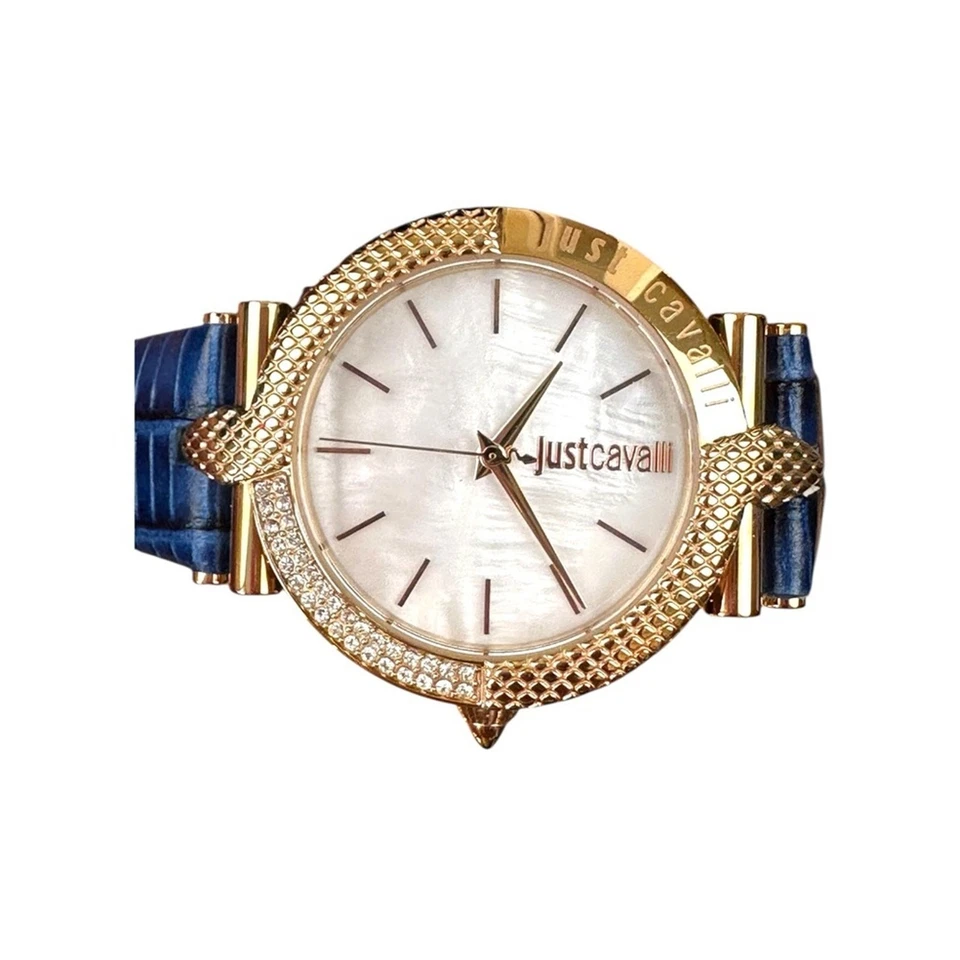 Just Cavalli Nuevo Con Etiquetas Madreperla y Oro Rosa Diseño Serpiente con Correa de Cuero Azul Foto 4 de 4