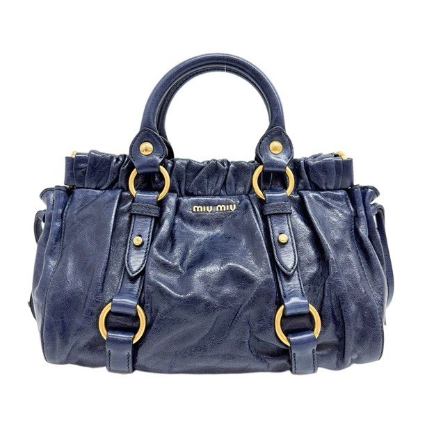 Miu Miu Navy Blue Shoulder Bag Gold-Tone Hardware Ruched