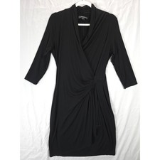 Karen Kane Black Faux Wrap Dress L Ruched Drape V Neck Midi 3/4 Sleeve Capsule