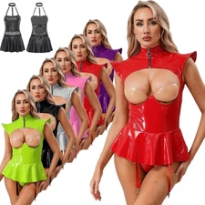 Women Wet Look Lingerie Leather Bodysuit Jumpsuit with Short Skirt Club Wear