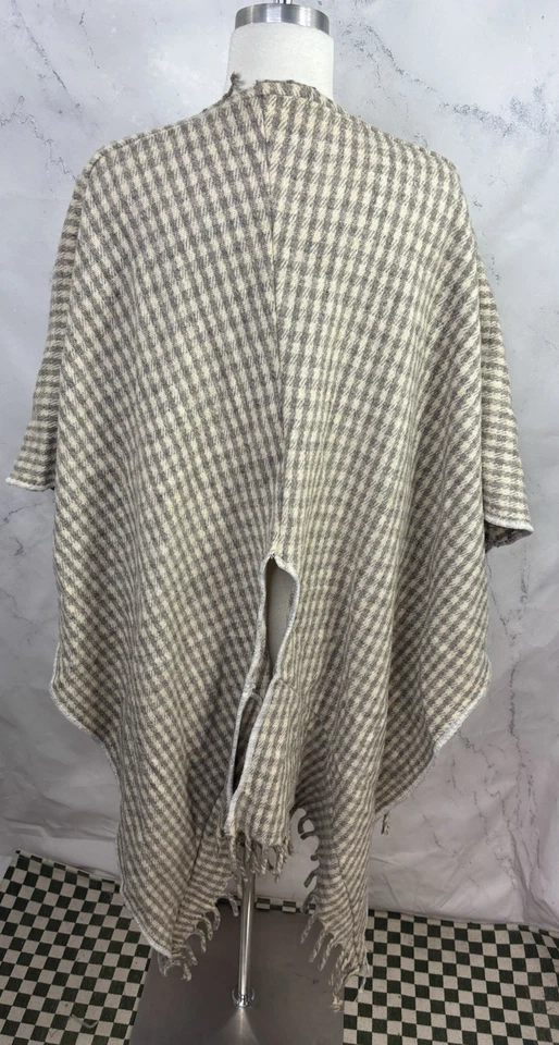 复古 60 年代 70 年代羊毛格子开普大衣木质纽扣前披肩米色学院风伦敦 — 第 2/4 张图片