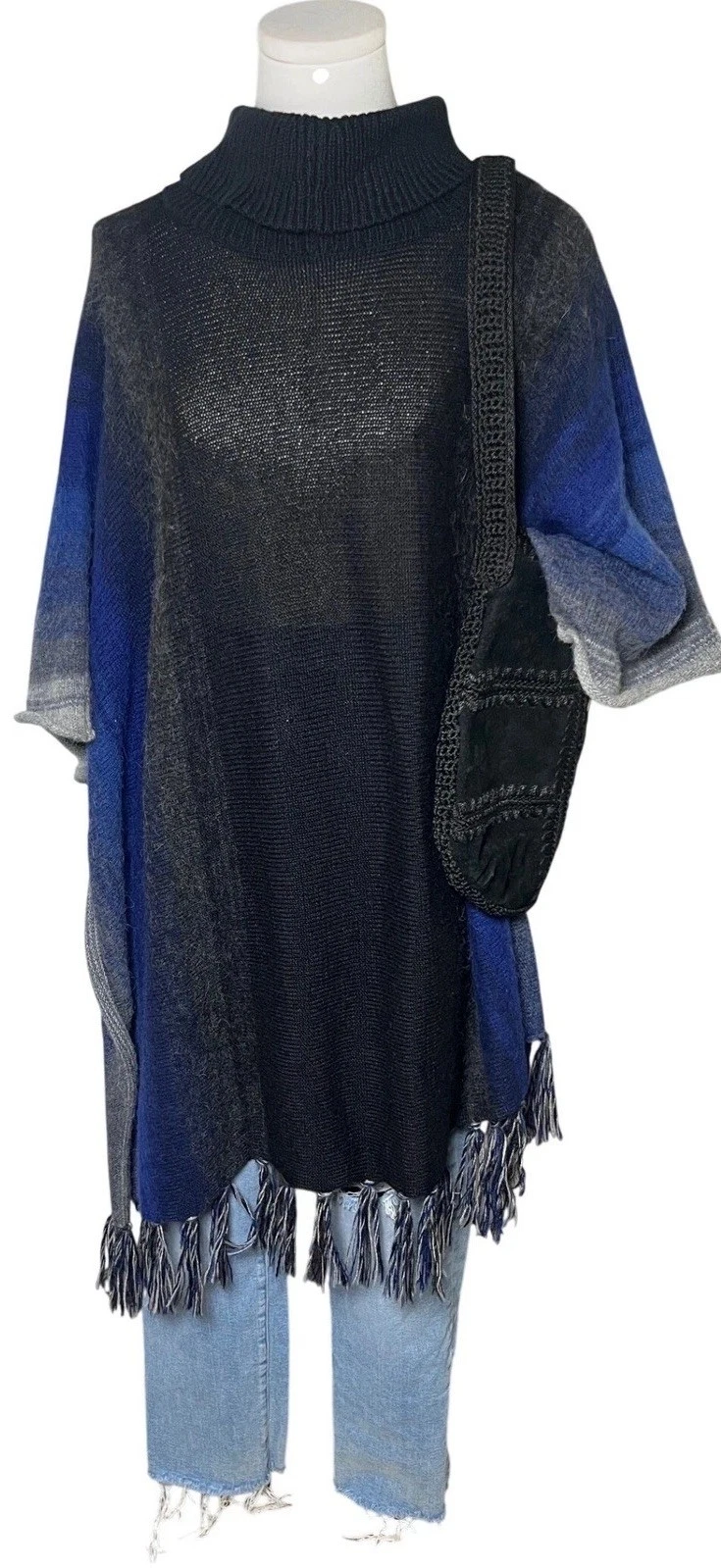 Boho Ombre Fringe Alpaca Blend Turtleneck Poncho Indigenous OS