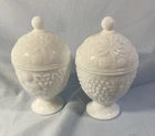 Set Of 2 Vintage AVON White Milk Glass Mini Covered Pedestal Candy Dish 6.5”