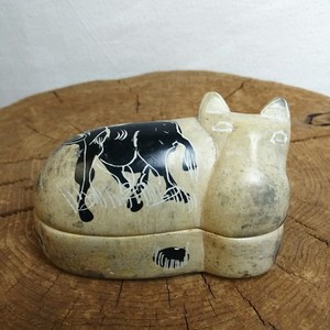 Vintage Hippopotamus Soap Stone 3" Trinket Box Hand Carved Hippo Small