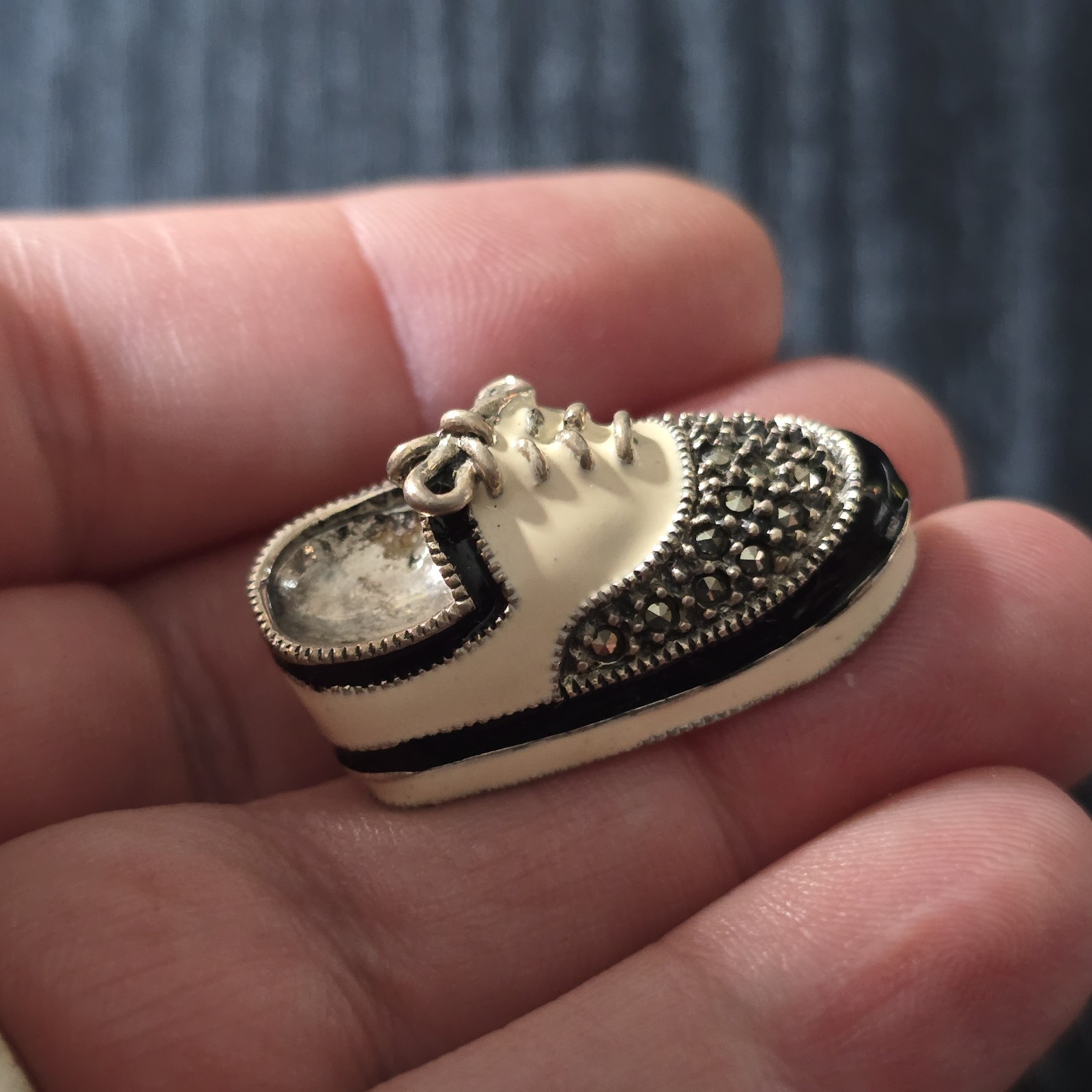 Vintage Judith Jack Sterling Silver Enamel Marcasite Bowling Shoe Pin Brooch 925