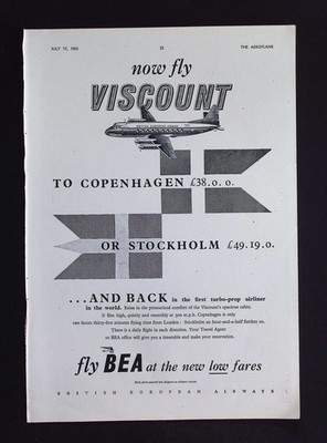 Original 1953 Reklame British European Airways Vickers Viscount Airliner