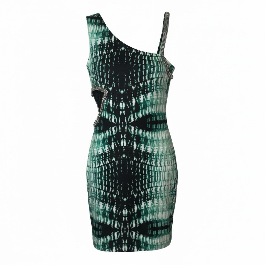 Bebe Asymmetric Green Silver Stud Side Cutout Bodycon Dress Y2K Cyber Siren S