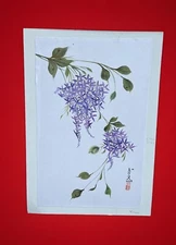 Original Sumi Ink Watercolor Painting Wisteria Artist Seal With Signature