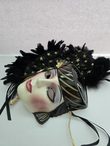 Maschera viso piuma stella nascente Clay Art San Francisco13" nera Martedì Grasso - Foto 4 di 5
