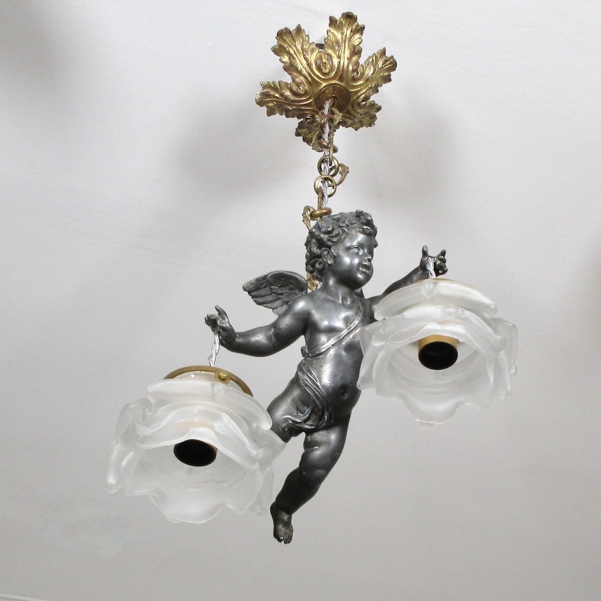 Antique French Chandelier Shades Gilded Bronze Canopy Angel Cupid