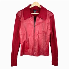 Vintage 90s Y2k Maurice Sasson Leather Jacket Ribbed Knit Zip Up Red Womens L