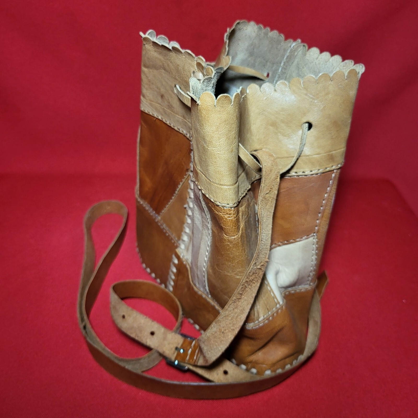 Leather Patchwork Drawstring Bucket Shoulder Cros… - image 5