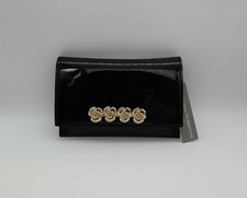 Sondra Roberts Black Patent Genuine Leather Clutch W/ Gold 3d Metal Flower Bar