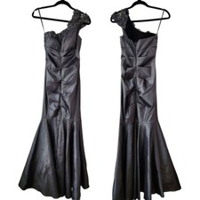 Cache Silver Prom Dress One-Shoulder Beaded Ruched Trumpet Full Length 90s Y2K 4