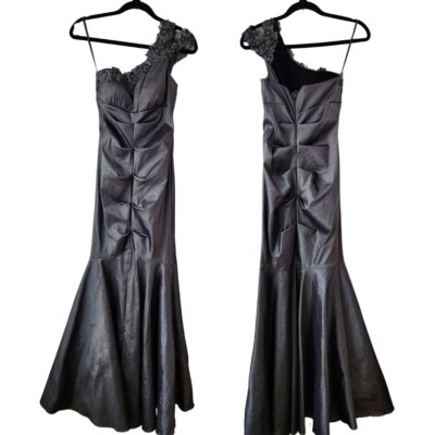 Cache Silver Prom Dress One-Shoulder Beaded Ruched Trumpet Full Length 90s Y2K 4