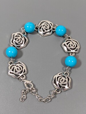 Beachy Coastal Aqua Blue Acrylic Faux Pearl Toggle Bracelet Chunky 9 in