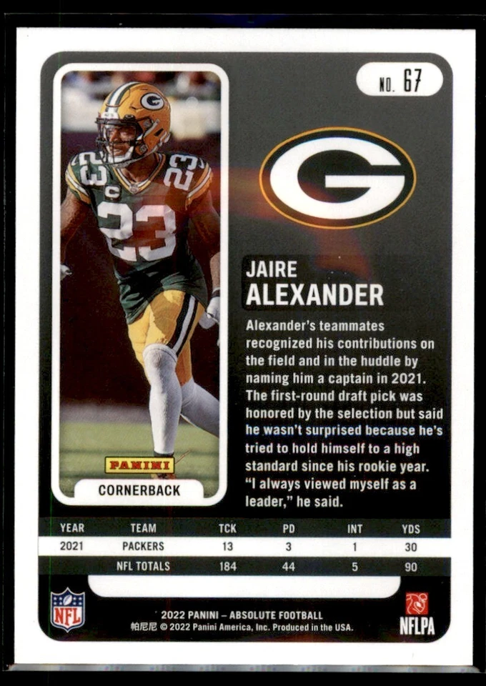 2022 Panini Absolute Jaire Alexander Green Bay Packers #67 - Image 2 of 2