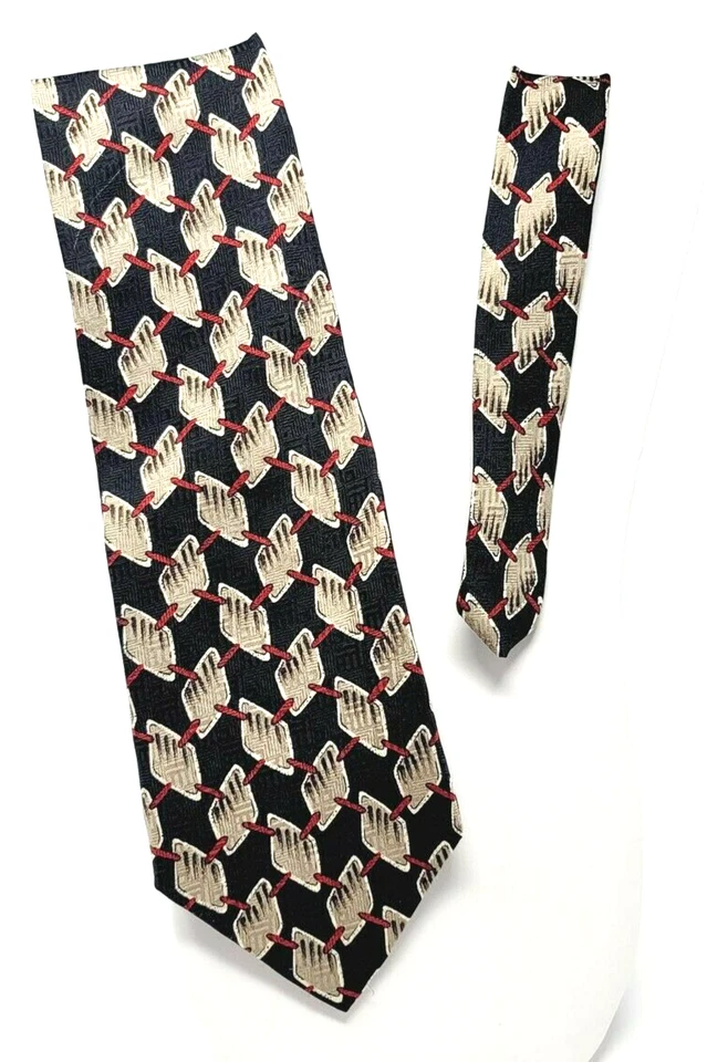 Halston Para Hombres Negro Seda Corbata Beige y Rojo Geométrica Seda Corbata Vestido Traje Formal Foto 3 de 4