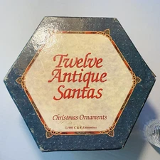 Vintage 1995 C&F ''Twelve Antique Santas'' Paper Mache Decoupage Ornament Set 12