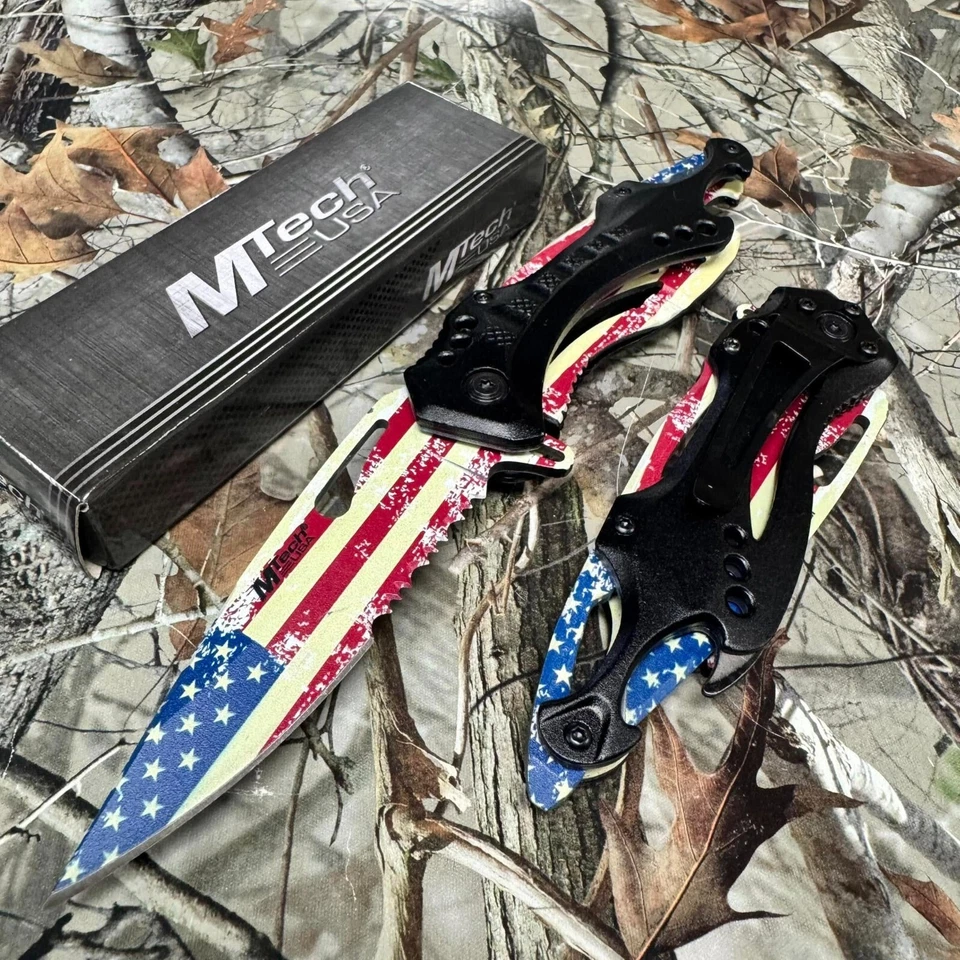 Cuchillo de hoja M-Tech Spring Open con BANDERA AMERICANA IMPRESA EN RELIEVE con abrebotellas Foto 2 de 4