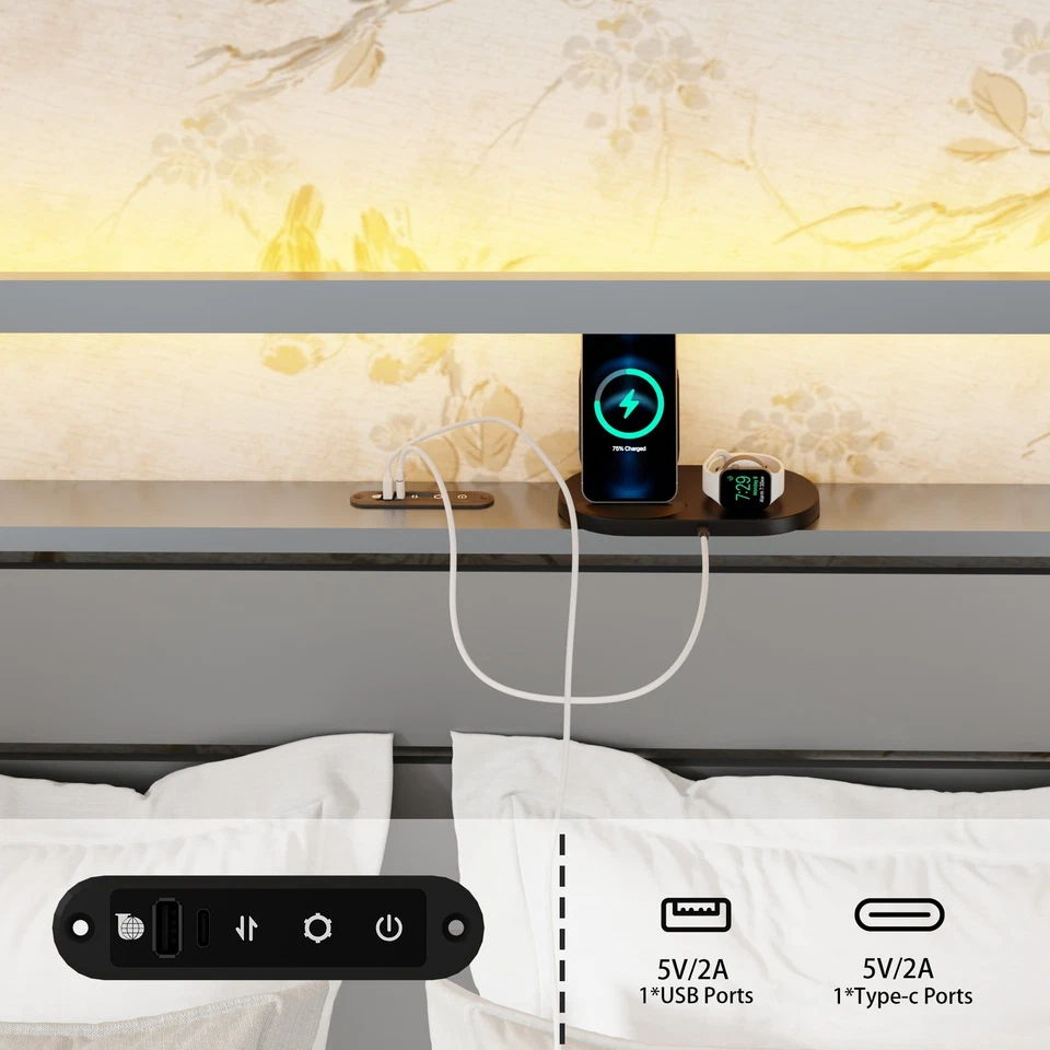 Cama queen size prata plataforma estrutura MDF metal com LED, cabeceira estação de carregamento - Imagem 4 de 4