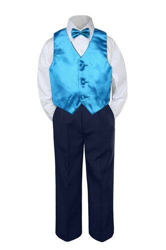4pc Boys Baby Toddler Kids Turquoise Vest Bow Tie Formal Set Suit S-7 - Picture 5 of 7