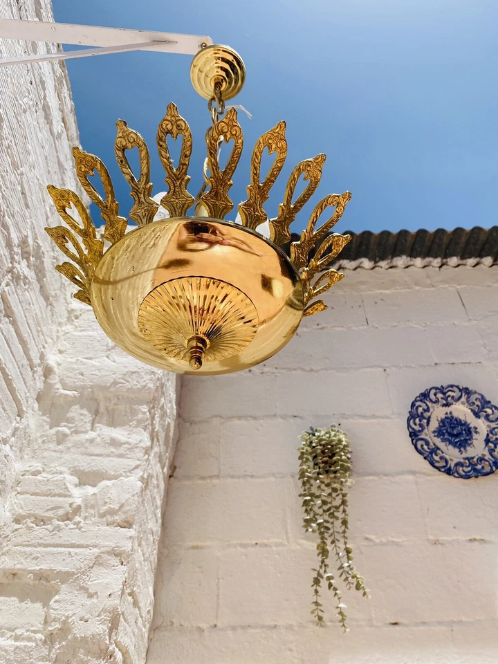 Petite Antique Brass Spanish Chandelier Gold Colonial 3 Lights, 23" L x 12 W" - Image 4 of 4