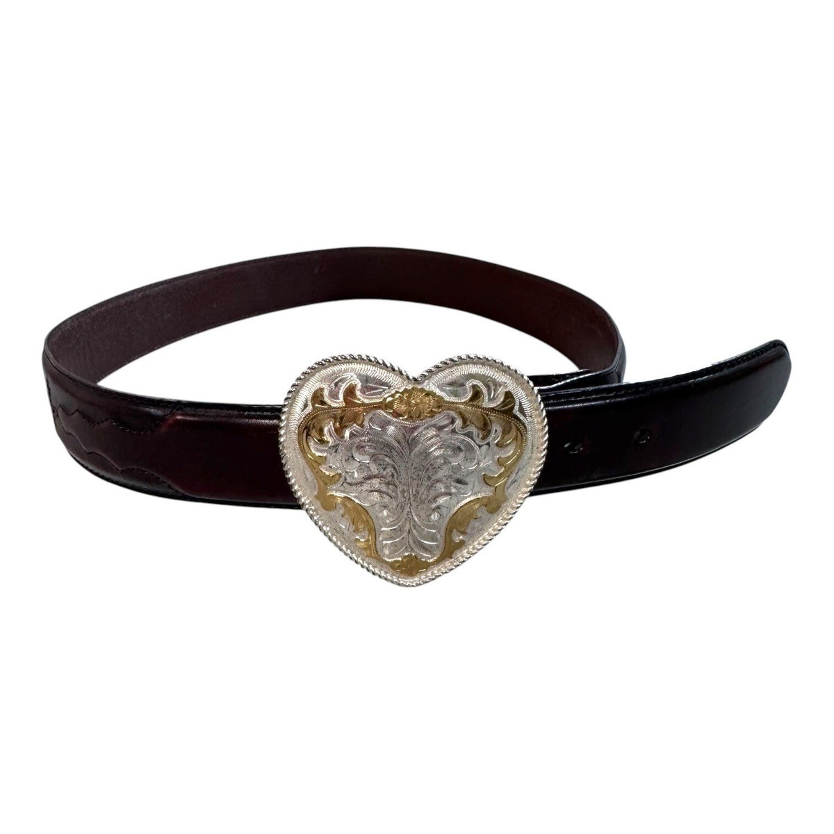 México Vintage Heart Disk Leather Belt Real Silver Tone Accent Vtg Silver Creek Classics Brown Leather Belt Silver Gold  main image 4