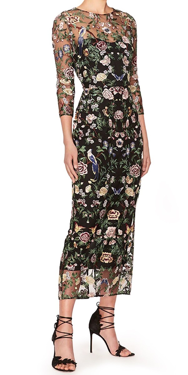 Marchesa Notte Botanical Embroidered Tulle Midi Cocktail Dress