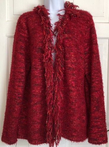 C.L.O.T.H.E.S. Ladies Red Fringed Cardigan Sweater Metallic Size XL / 14-16 - Picture 2 of 4