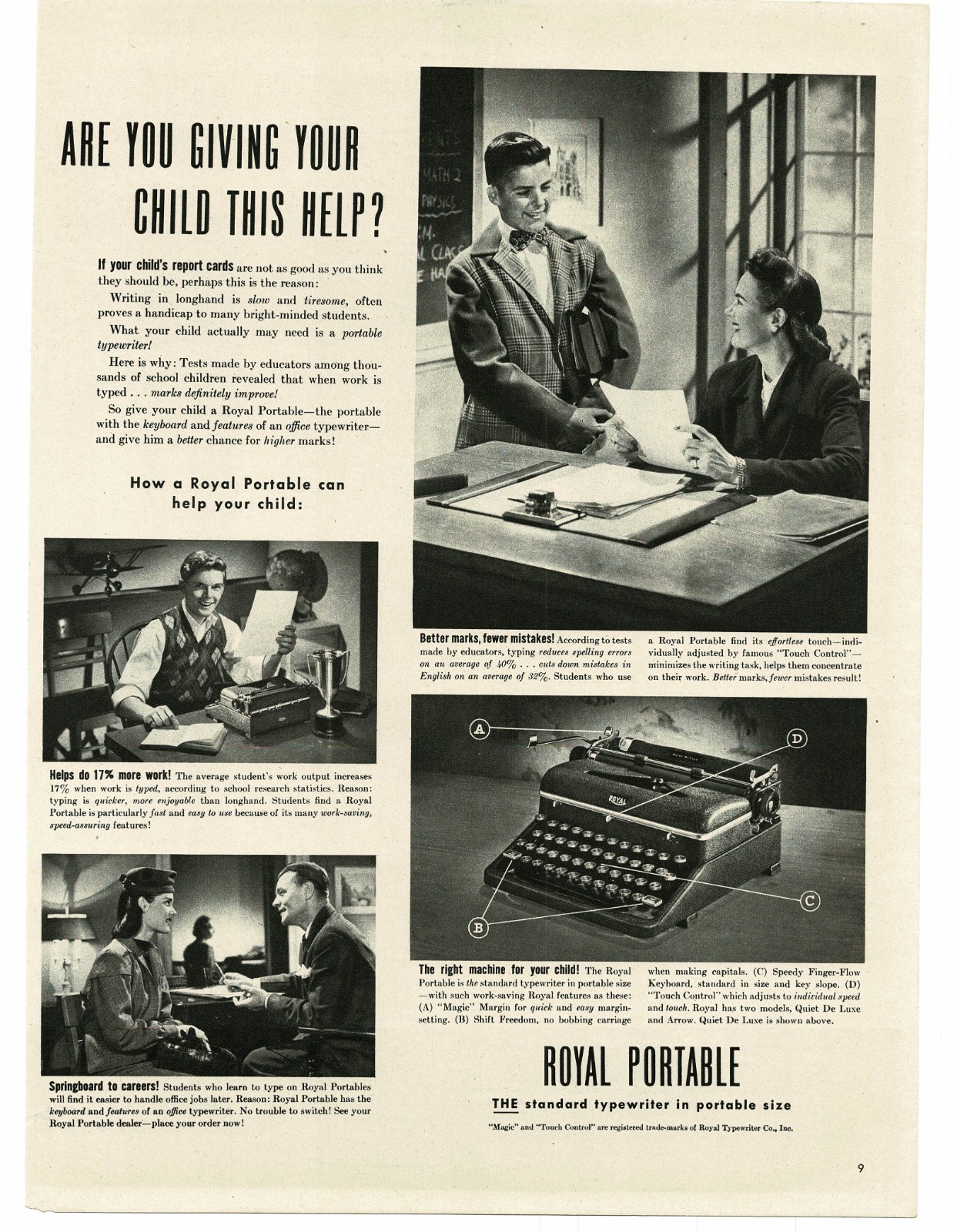 1946 Royal Portable Typewriter students get better grades Vintage Print Ad 2