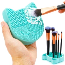 2 in 1 Makeup Brush Cleaning Mat with Drying Holder, Silicon Cat Shaped Cleaner 