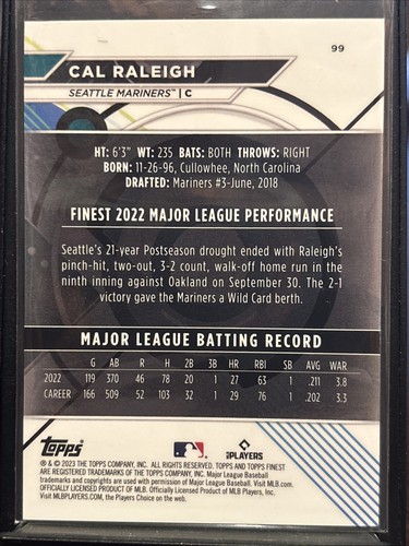2023 Topps Finest Cal Raleigh’s Aqua Refractor /250 #99 Mariners - Foto 2 di 2