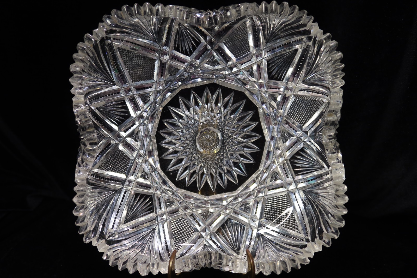 AMERICAN BRILLIANT DEEP CUT SQUARE BOWL ROLLED SCALLOPED RIM 9 1/2"