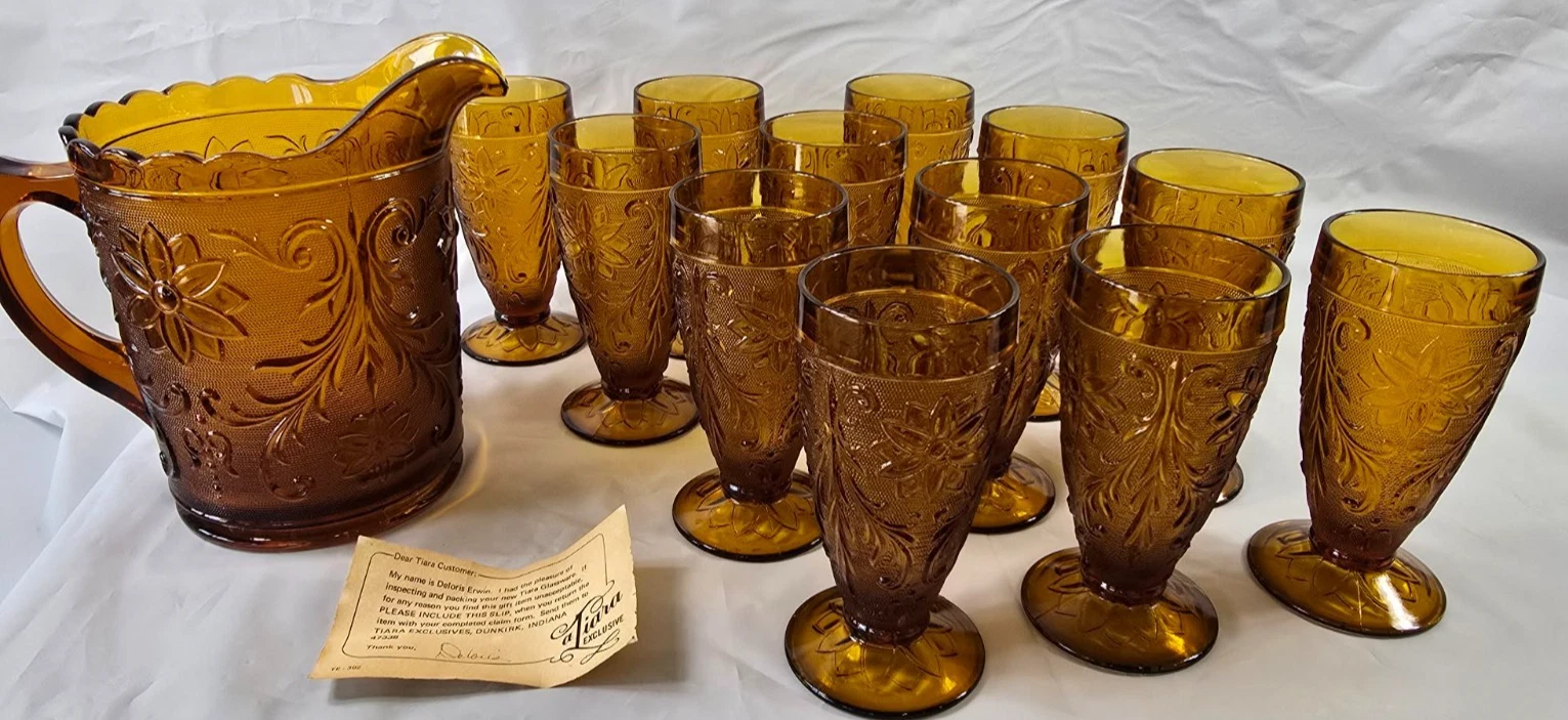 Vintage Tiara Indiana Glass Sandwich Amber Footed Glass Set of 12 68 OZ Pitcher
