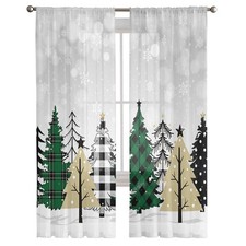 Christmas Tree Sheer Curtains 84 Inches Long Grey Voile Curtains Checkered Pl...