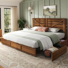 48.8" H King Size Bed Frame with 4 Storage Drawers Farmhouse Platform Bed