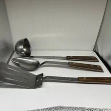 3 VTG ROBESON Shur-Edge Wood HANDLE Full Tang SLOTTED SPATULA Ladle Spoon Set