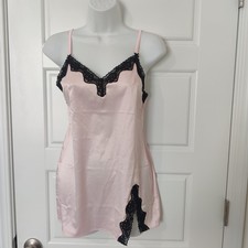 Victoria  s Secret Pink Satin Slip Dress With Black Lace Trim Size Small