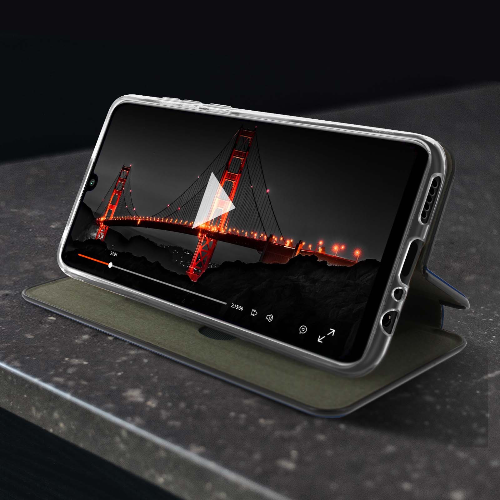Étui Huawei P smart 2020 bleu avec support vidéo et rangement de carte intégré