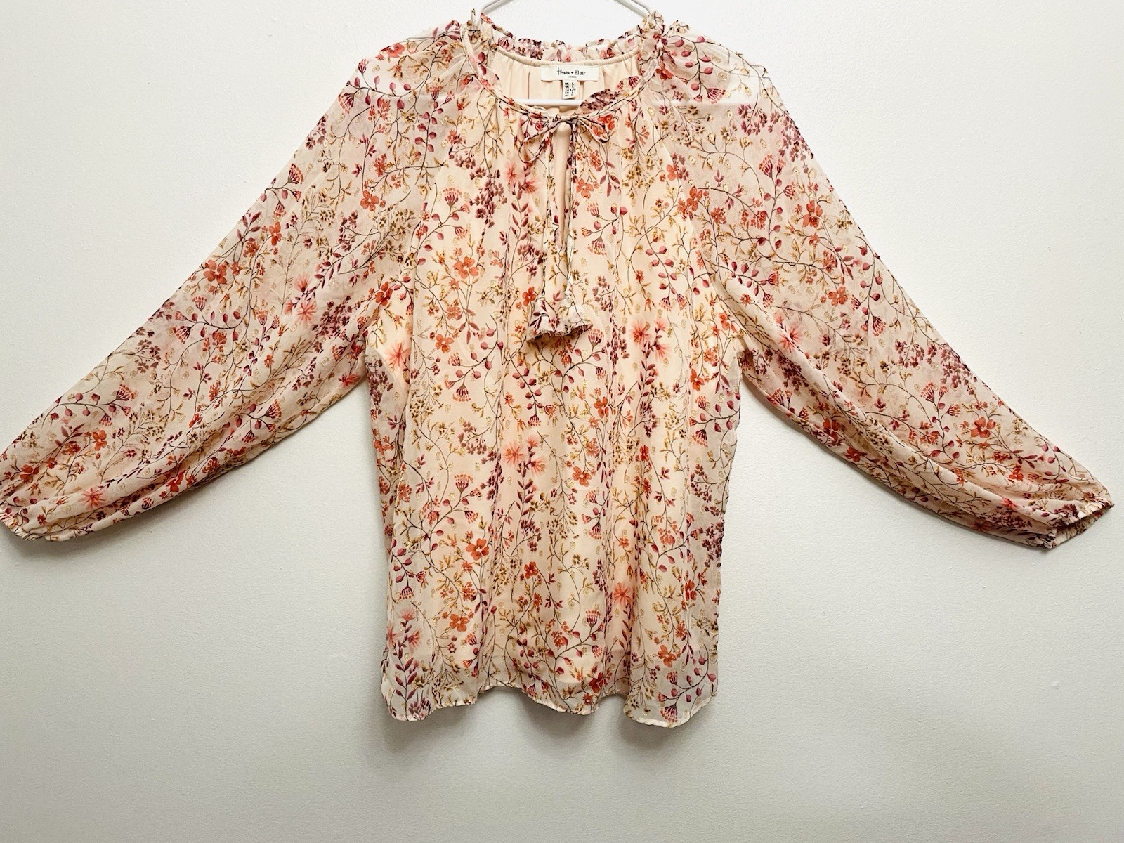 Haver & Blair Blouse Floral Print Color Pink Relaxed Tie Front Long Sleeve Sz L