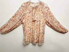 Haver & Blair Blouse Floral Print Color Pink Relaxed Tie Front Long Sleeve Sz L