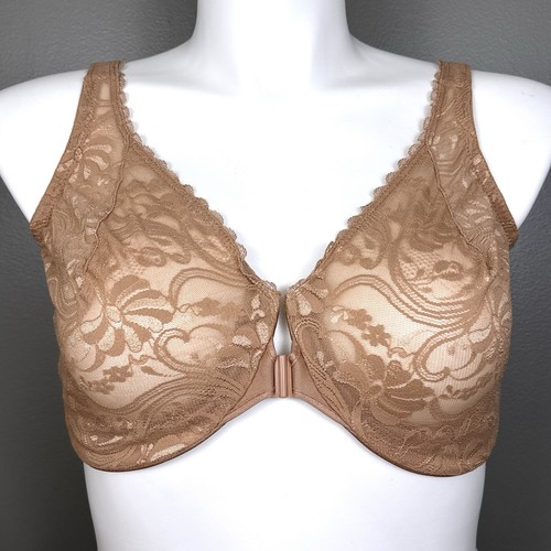 Glamorise 9245 Front-Closure Stretch Lace WonderWire Bra Size 44D Dark Tan Beige